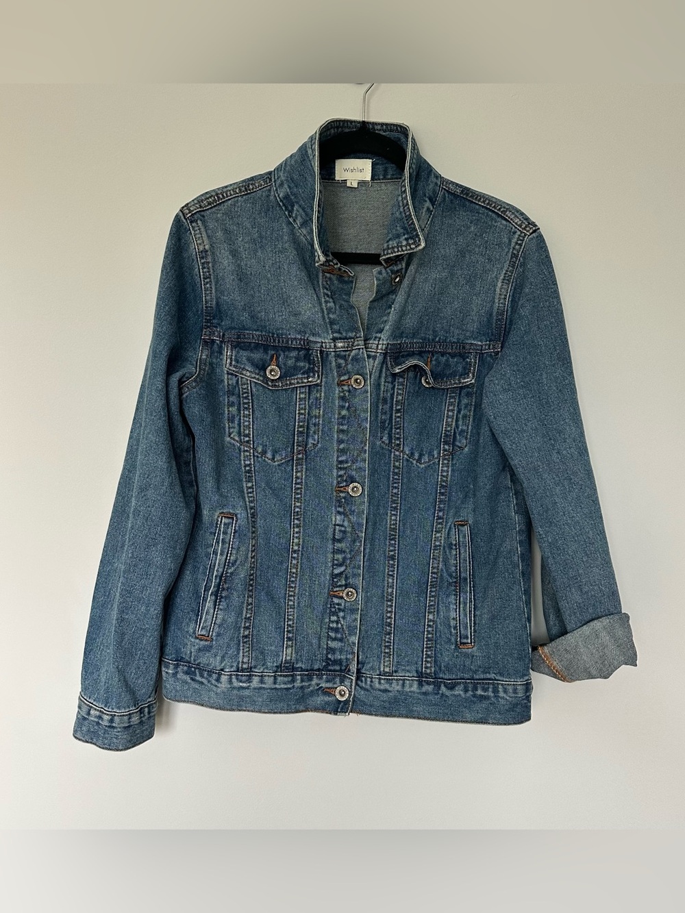 Wishlist Denim Jacket Blue Jean Trucker Coat Classic Button Front Large Casual